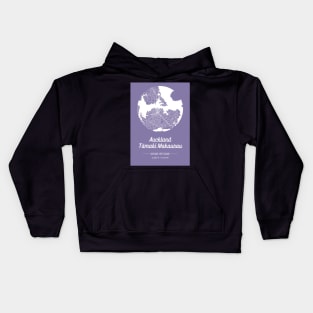 City map in purple: Auckland Tamaki Makaurau, New Zealand with retro vintage flair Kids Hoodie